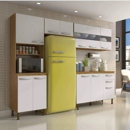 Cozinha Compacta 4 Peças Balcão Com Tampo 3 Portas De Vidro Lara Siena Móveis Sinai/Branco