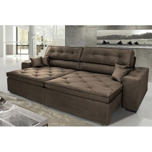 Sofá Austin 3,02m Retrátil Reclinável, Molas no Assento e Almofadas, Tecido Suede Velusoft Café